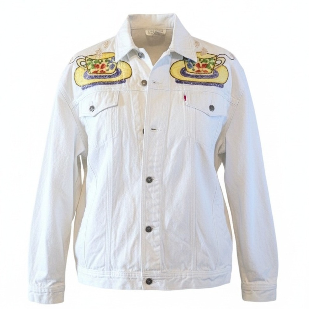 Cedars Womens L 198O's Vintage White Denim Jean Jacket STAINS Needs Cleaning - Picture 3 of 14